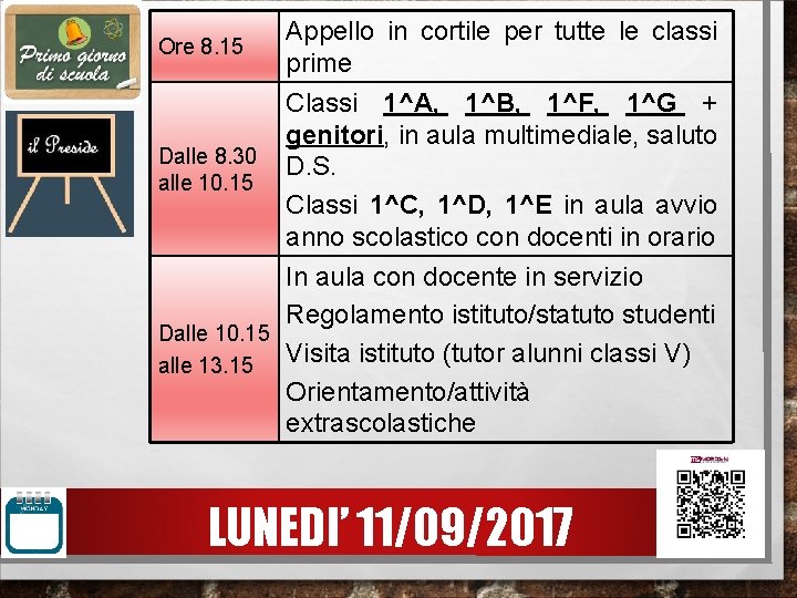 Ore 8. 15 Dalle 8. 30 alle 10. 15 Appello in cortile per tutte Ore 8. 15 Dalle 8. 30 alle 10. 15 Appello in cortile per tutte