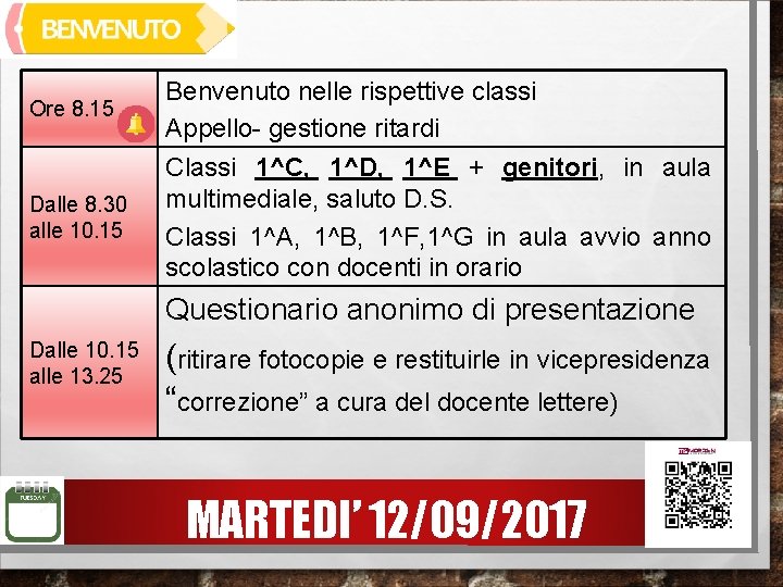 Ore 8. 15 Benvenuto nelle rispettive classi Appello- gestione ritardi Dalle 8. 30 alle Ore 8. 15 Benvenuto nelle rispettive classi Appello- gestione ritardi Dalle 8. 30 alle