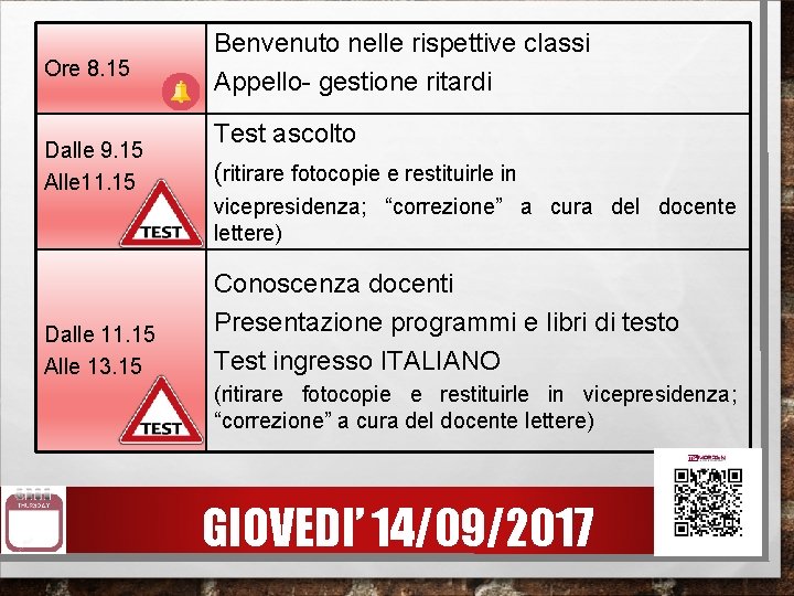 Ore 8. 15 Benvenuto nelle rispettive classi Appello- gestione ritardi Dalle 9. 15 Alle Ore 8. 15 Benvenuto nelle rispettive classi Appello- gestione ritardi Dalle 9. 15 Alle