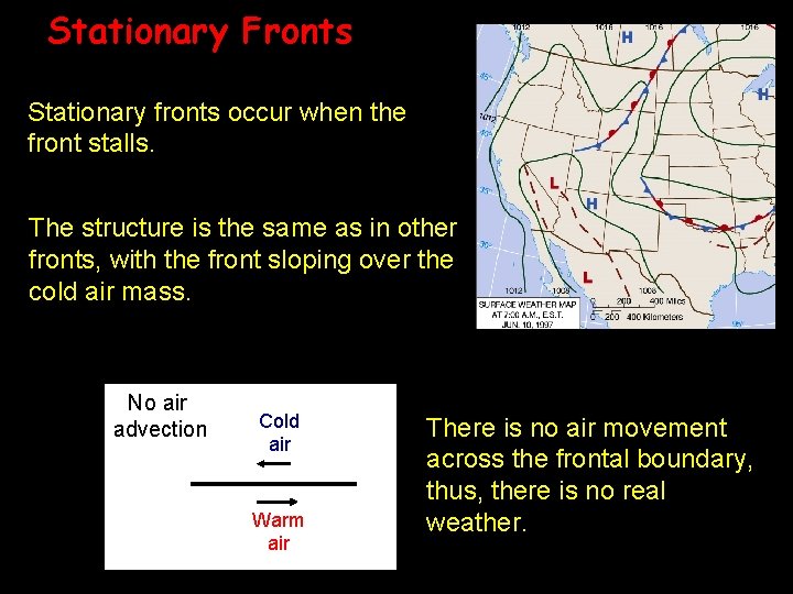 Stationary Fronts Stationary fronts occur when the front stalls. The structure is the same