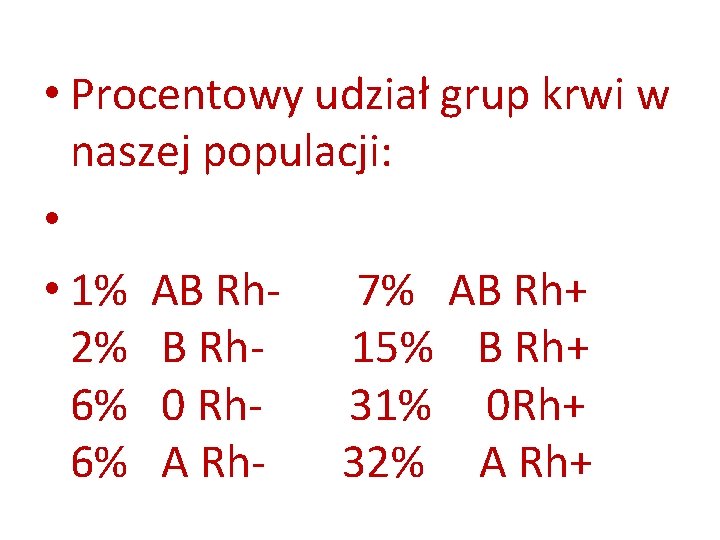  • Procentowy udział grup krwi w naszej populacji: • • 1% AB Rh-