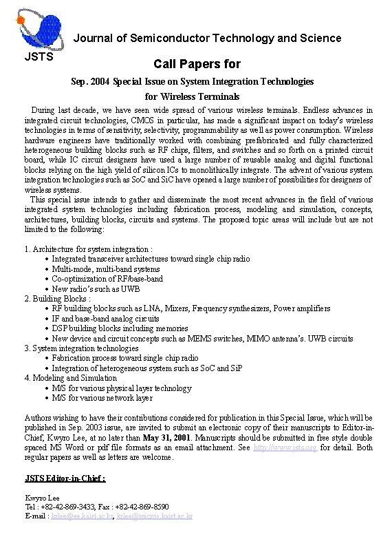 Journal of Semiconductor Technology and Science JSTS Call Papers for Sep. 2004 Special Issue