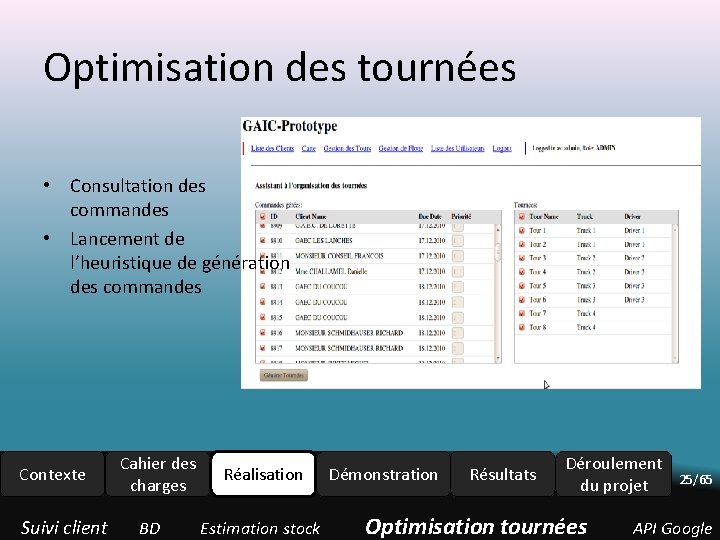 Optimisation des tournées • Consultation des commandes • Lancement de l’heuristique de génération des Optimisation des tournées • Consultation des commandes • Lancement de l’heuristique de génération des