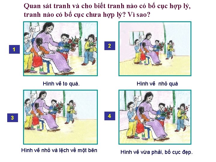 Quan sát tranh và cho biết tranh nào có bố cục hợp lý, tranh