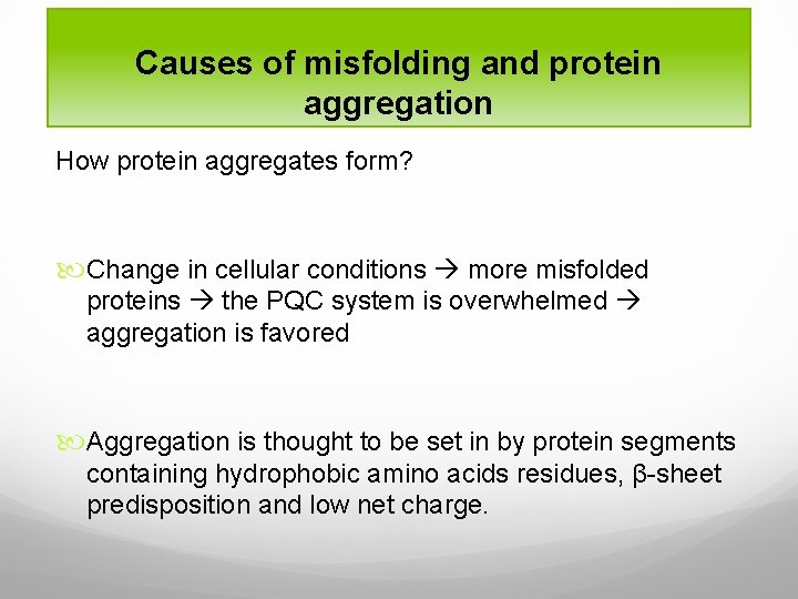 Causes of misfolding and protein aggregation How protein aggregates form? Change in cellular conditions