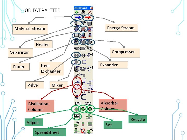 OBJECT PALETTE Energy Stream Material Stream Heater Compressor Separator Heat Exchanger Pump Valve Expander