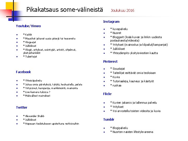 Pikakatsaus some-välineistä Joulukuu 2016 Instagram Youtube/Vimeo n n n n * Kaikki * Muusikot