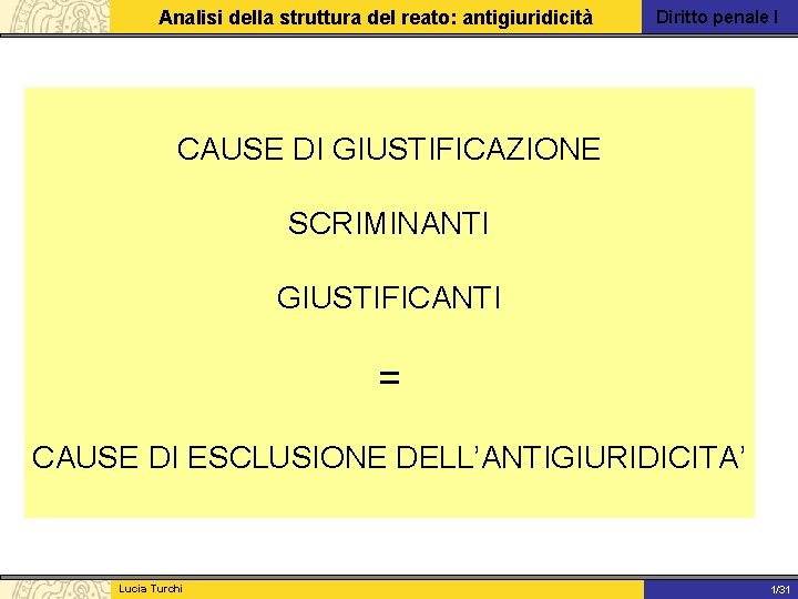 Analisi della struttura del reato: antigiuridicità Diritto penale I CAUSE DI GIUSTIFICAZIONE SCRIMINANTI GIUSTIFICANTI