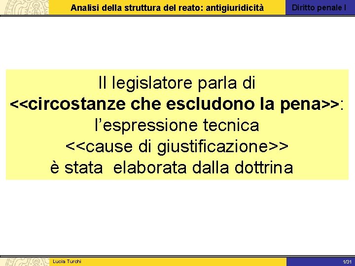 Analisi della struttura del reato: antigiuridicità Diritto penale I Il legislatore parla di <<circostanze