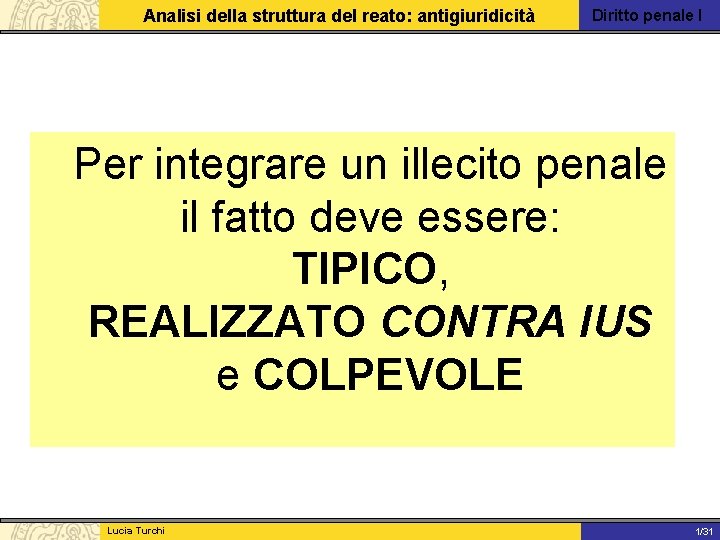 Analisi della struttura del reato: antigiuridicità Diritto penale I Per integrare un illecito penale