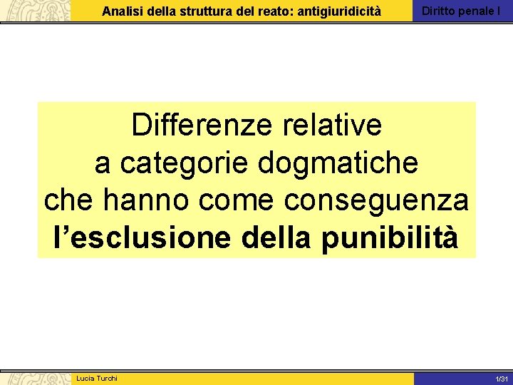 Analisi della struttura del reato: antigiuridicità Diritto penale I Differenze relative a categorie dogmatiche