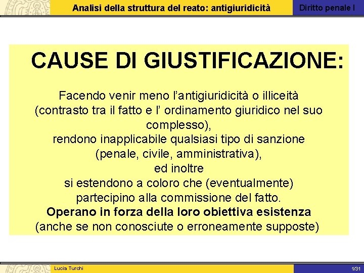 Analisi della struttura del reato: antigiuridicità Diritto penale I CAUSE DI GIUSTIFICAZIONE: Facendo venir