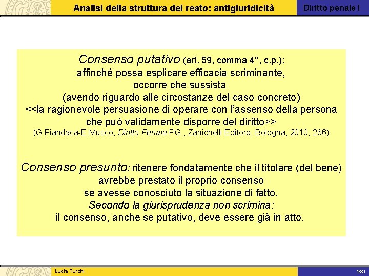 Analisi della struttura del reato: antigiuridicità Diritto penale I Consenso putativo (art. 59, comma