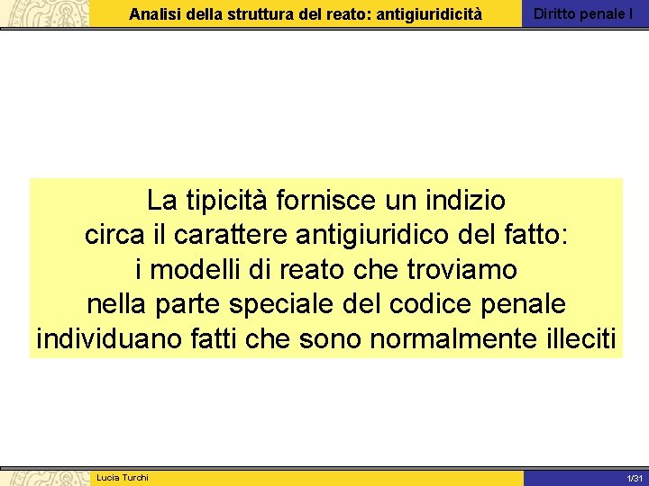 Analisi della struttura del reato: antigiuridicità Diritto penale I La tipicità fornisce un indizio