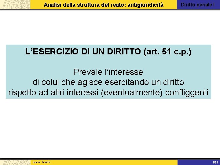 Analisi della struttura del reato: antigiuridicità Diritto penale I L’ESERCIZIO DI UN DIRITTO (art.