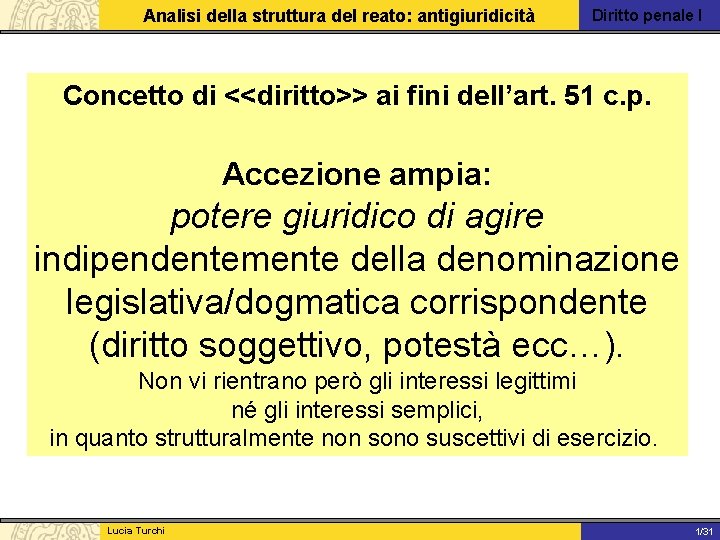 Analisi della struttura del reato: antigiuridicità Diritto penale I Concetto di <<diritto>> ai fini