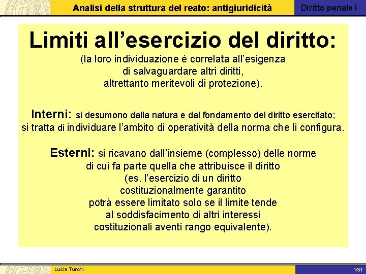 Analisi della struttura del reato: antigiuridicità Diritto penale I Limiti all’esercizio del diritto: (la