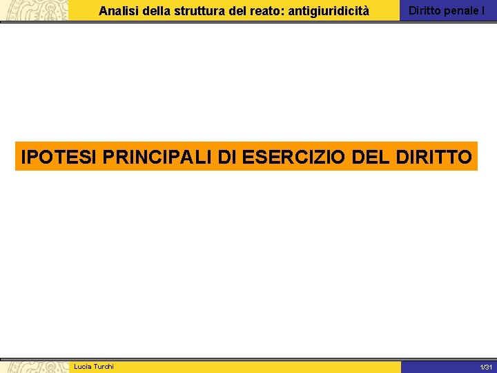 Analisi della struttura del reato: antigiuridicità Diritto penale I IPOTESI PRINCIPALI DI ESERCIZIO DEL