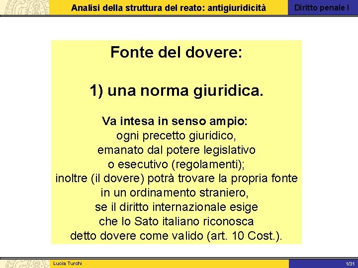 Analisi della struttura del reato: antigiuridicità Diritto penale I Fonte del dovere: 1) una