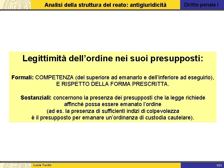 Analisi della struttura del reato: antigiuridicità Diritto penale I Legittimità dell’ordine nei suoi presupposti: