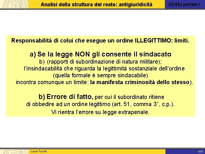 Analisi della struttura del reato: antigiuridicità Diritto penale I Responsabilità di colui che esegue