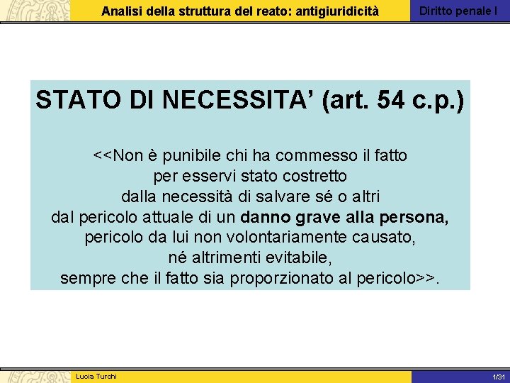 Analisi della struttura del reato: antigiuridicità Diritto penale I STATO DI NECESSITA’ (art. 54