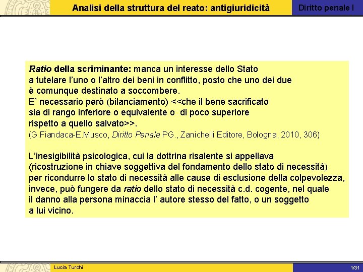 Analisi della struttura del reato: antigiuridicità Diritto penale I Ratio della scriminante: manca un