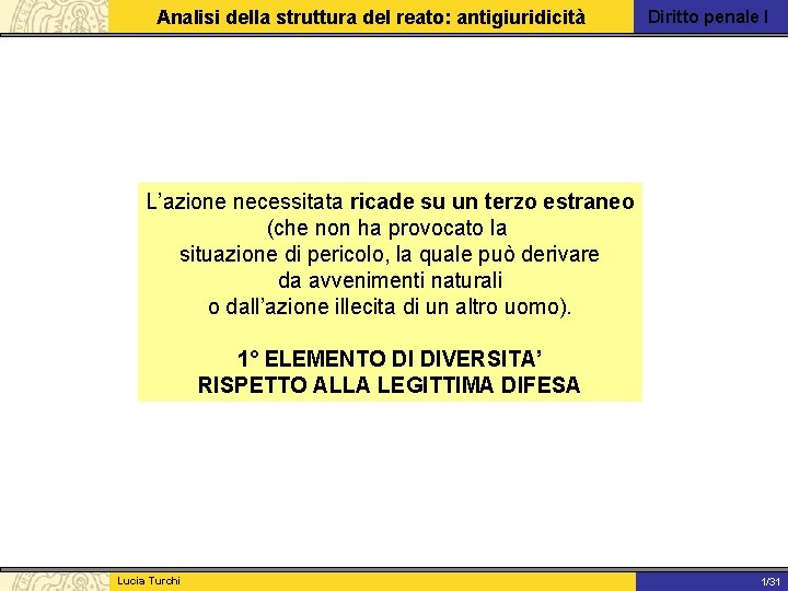 Analisi della struttura del reato: antigiuridicità Diritto penale I L’azione necessitata ricade su un