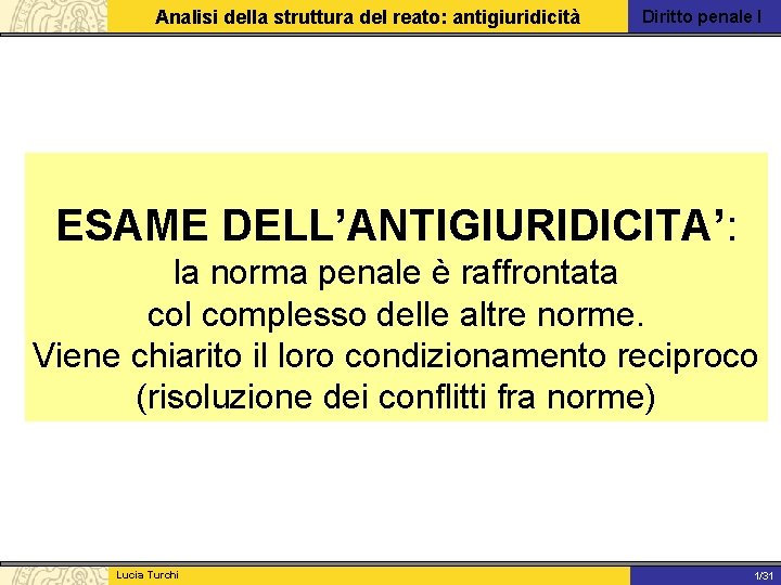 Analisi della struttura del reato: antigiuridicità Diritto penale I ESAME DELL’ANTIGIURIDICITA’: la norma penale