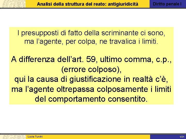 Analisi della struttura del reato: antigiuridicità Diritto penale I I presupposti di fatto della