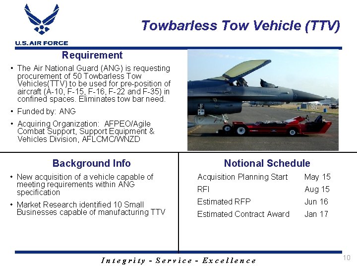 Towbarless Tow Vehicle (TTV) Requirement • The Air National Guard (ANG) is requesting procurement