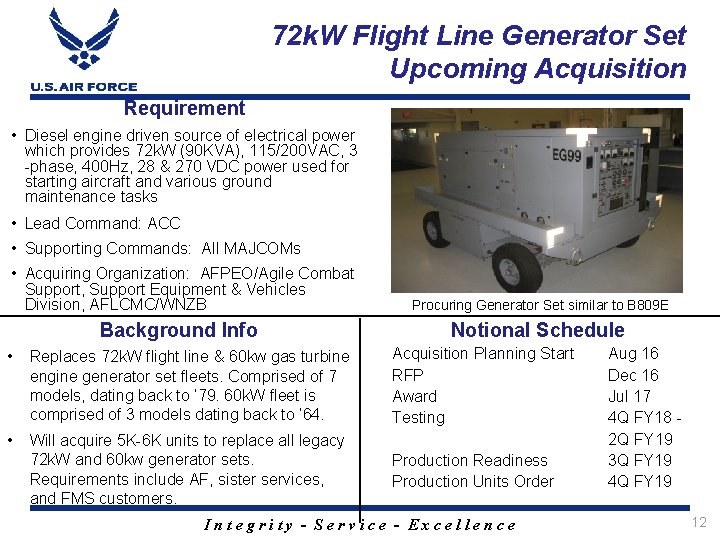 72 k. W Flight Line Generator Set Upcoming Acquisition Requirement • Diesel engine driven