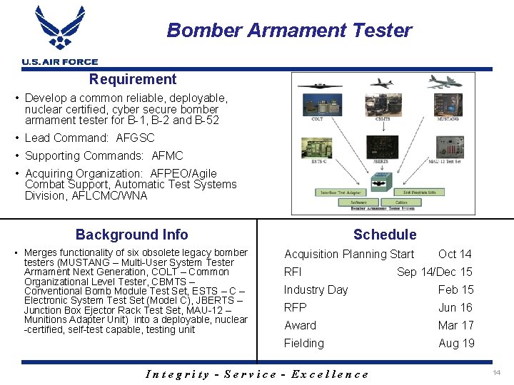 Bomber Armament Tester Requirement • Develop a common reliable, deployable, nuclear certified, cyber secure
