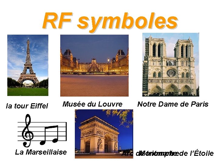 RF symboles la tour Eiffel Musée du Louvre La Marseillaise Notre Dame de Paris