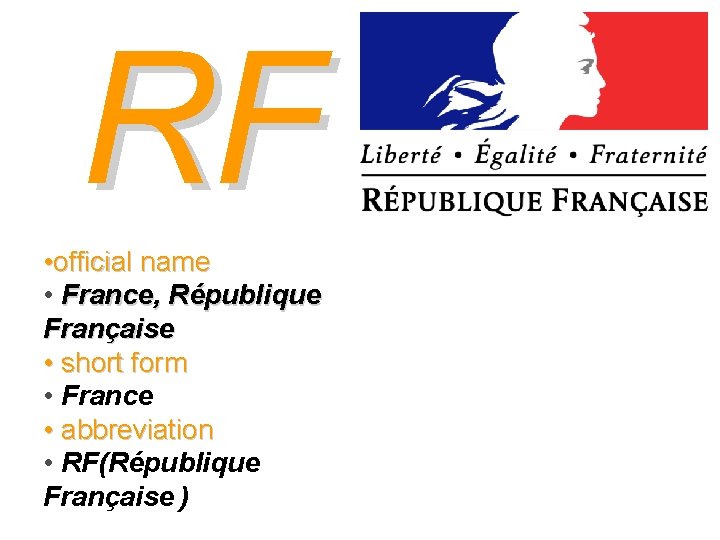 RF • official name • France, République Française • short form • France •