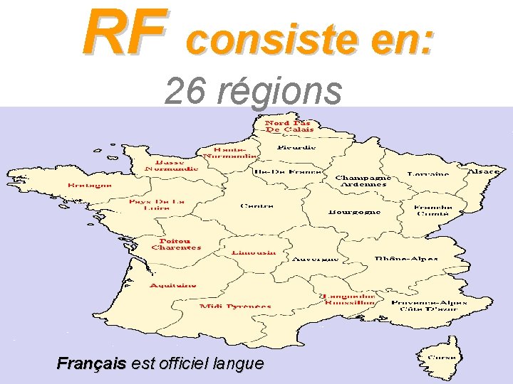 RF consiste en: 26 régions Français est officiel langue 