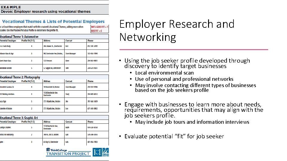 Employer Research and Networking • Using the job seeker profile developed through discovery to