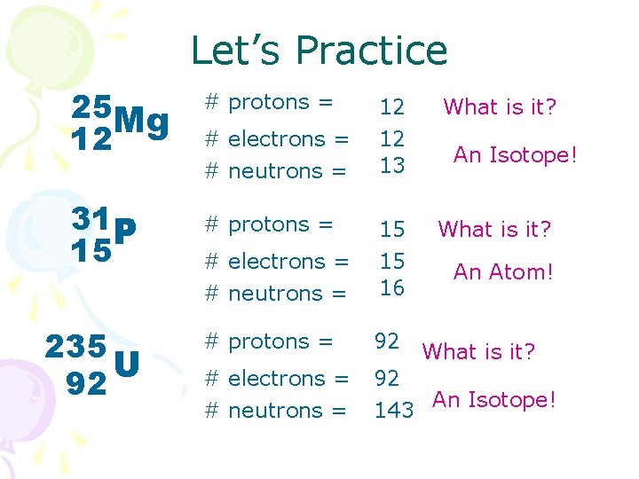 Let’s Practice 25 Mg 12 31 P 15 235 U 92 # protons =