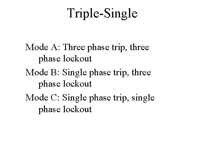 Triple-Single Mode A: Three phase trip, three phase lockout Mode B: Single phase trip,