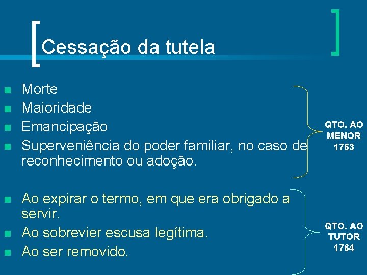 Cessação da tutela n n n n Morte Maioridade Emancipação Superveniência do poder familiar,