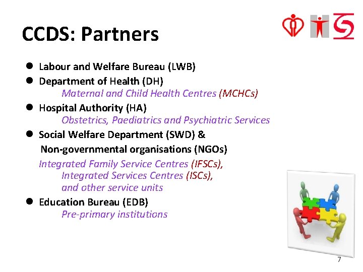 CCDS: Partners l Labour and Welfare Bureau (LWB) l Department of Health (DH) Maternal
