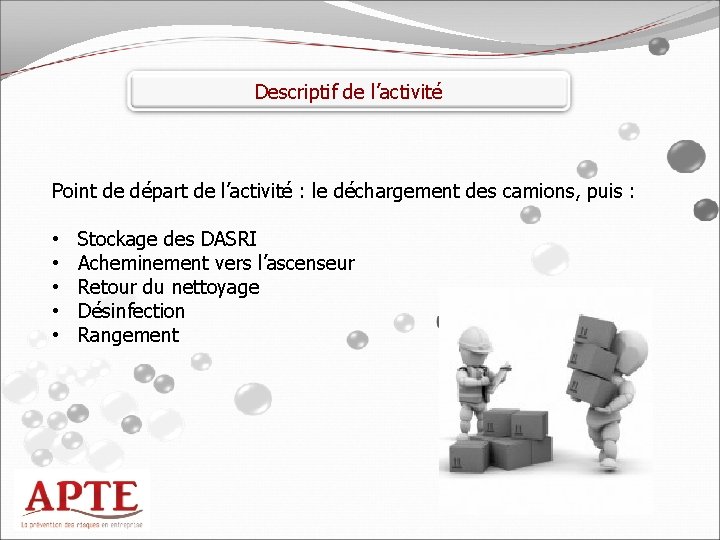 Descriptif de l’activité Point de départ de l’activité : le déchargement des camions, puis