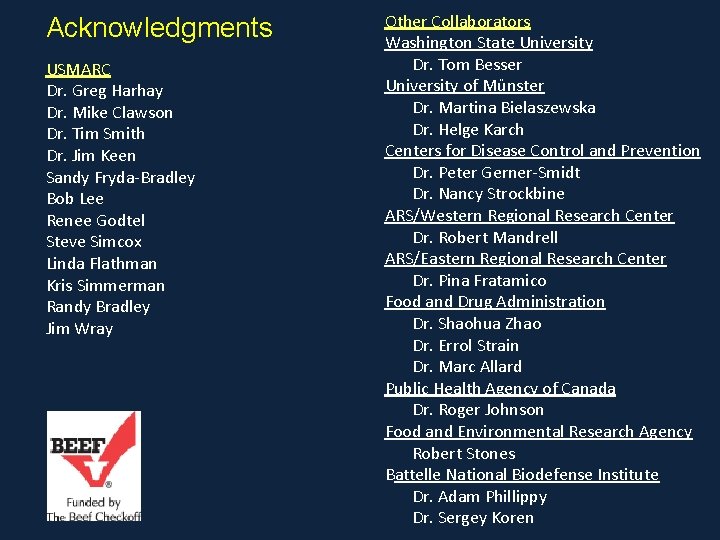 Acknowledgments USMARC Dr. Greg Harhay Dr. Mike Clawson Dr. Tim Smith Dr. Jim Keen