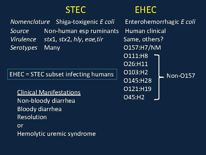 STEC Nomenclature Shiga-toxigenic E coli Source Non-human esp ruminants Virulence stx 1, stx 2,