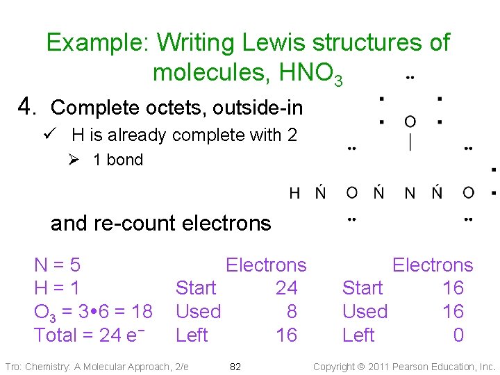 Example: Writing Lewis structures of molecules, HNO 3 4. Complete octets, outside-in ü H