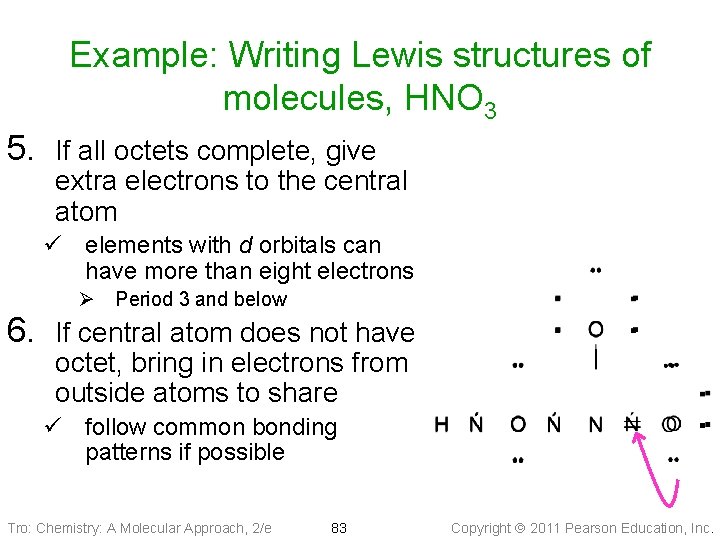 Example: Writing Lewis structures of molecules, HNO 3 5. If all octets complete, give
