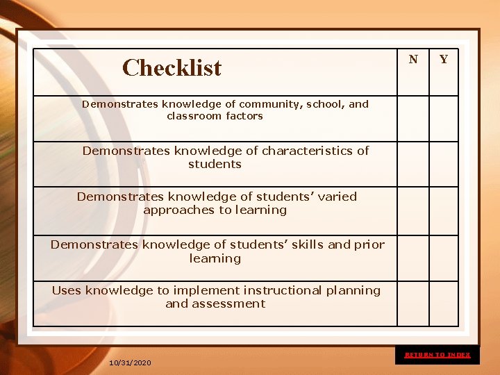 Checklist N Y Demonstrates knowledge of community, school, and classroom factors Demonstrates knowledge of