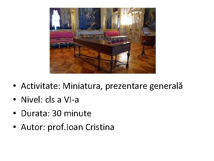  • • Activitate: Miniatura, prezentare generală Nivel: cls a VI-a Durata: 30 minute