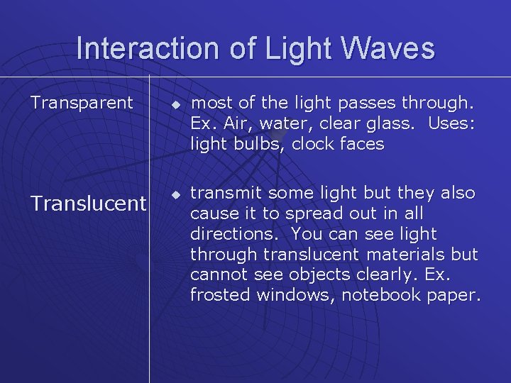 Interaction of Light Waves Transparent Translucent u u most of the light passes through.