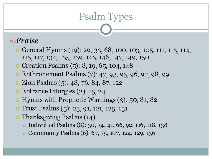 Psalm Types Praise General Hymns (19): 29, 33, 68, 100, 103, 105, 111, 113, Psalm Types Praise General Hymns (19): 29, 33, 68, 100, 103, 105, 111, 113,
